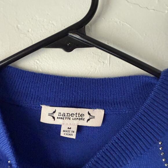 Nanette Lepore Sweater Womens Medium Blue Rhinestone Pullover Crewneck Knit Top - Picture 4 of 9